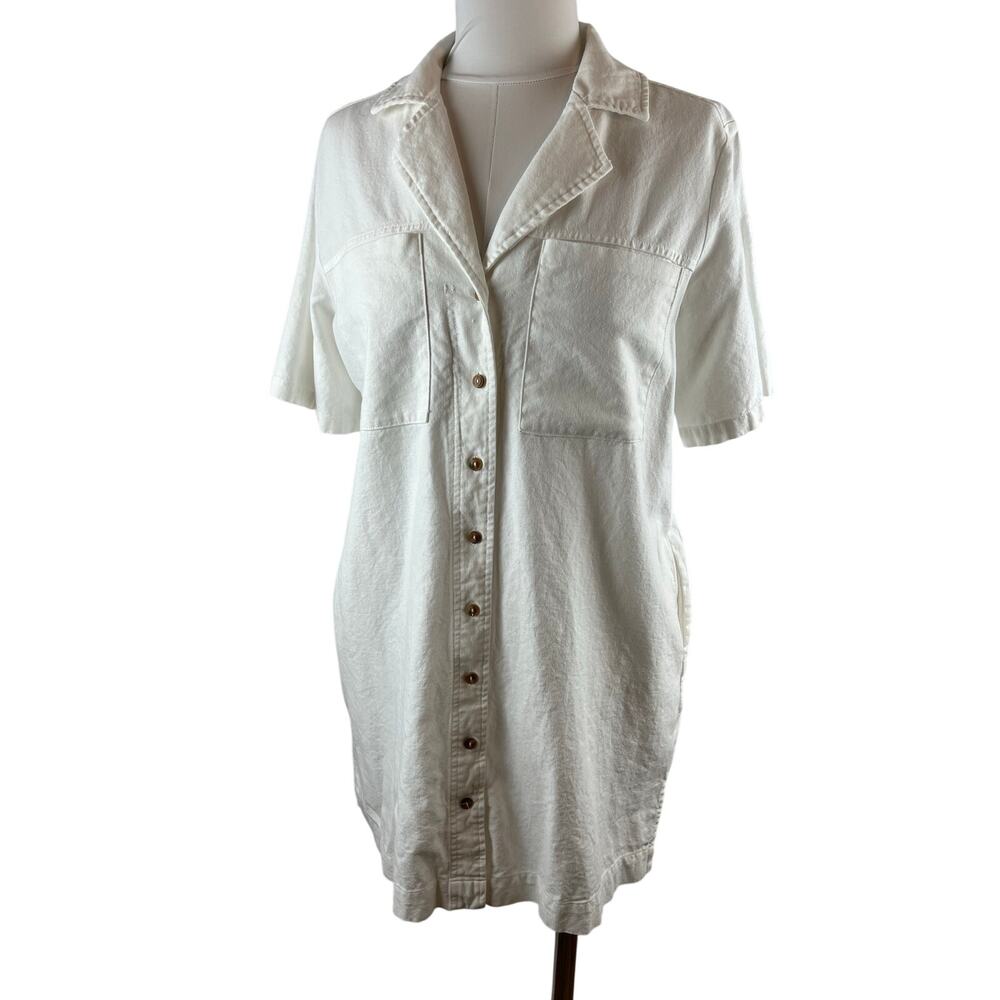 Lucca White Linen Blend Utility Shirt Dress Size Small Button Front Pockets